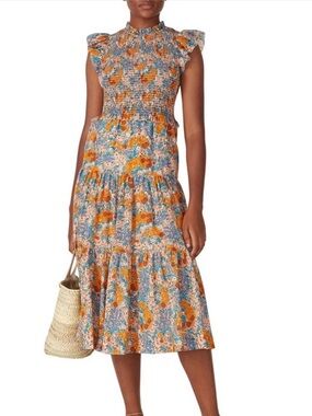Sea New York Blue and Orange Floral Smocked Midi Dress